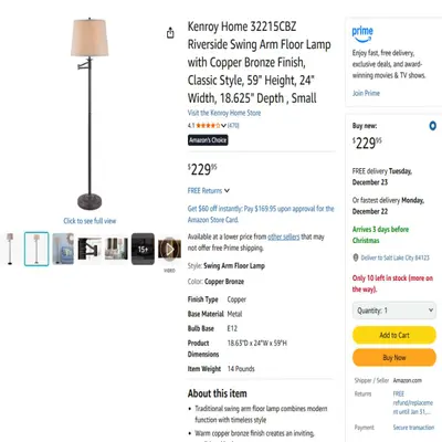 Kenroy Home 32215CBZ Floor Lamp 59" Height Classic Bronze Finish - Thumbnail 3